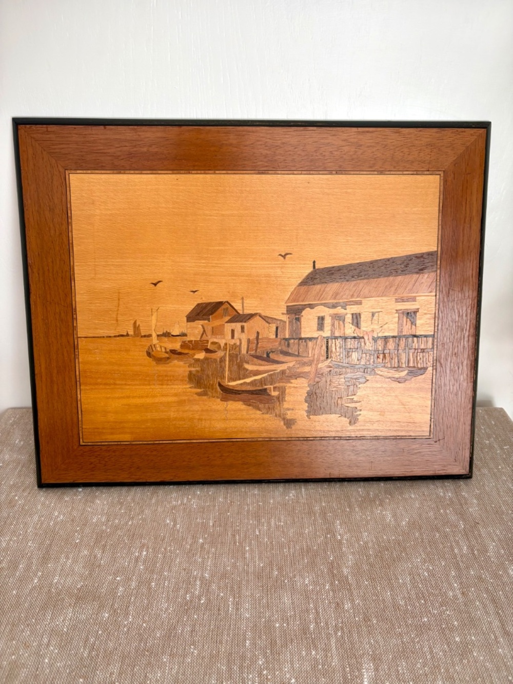 Vintage Genuine Labeled Marqueterie Inlay Coastal Wood Art Fishing Village